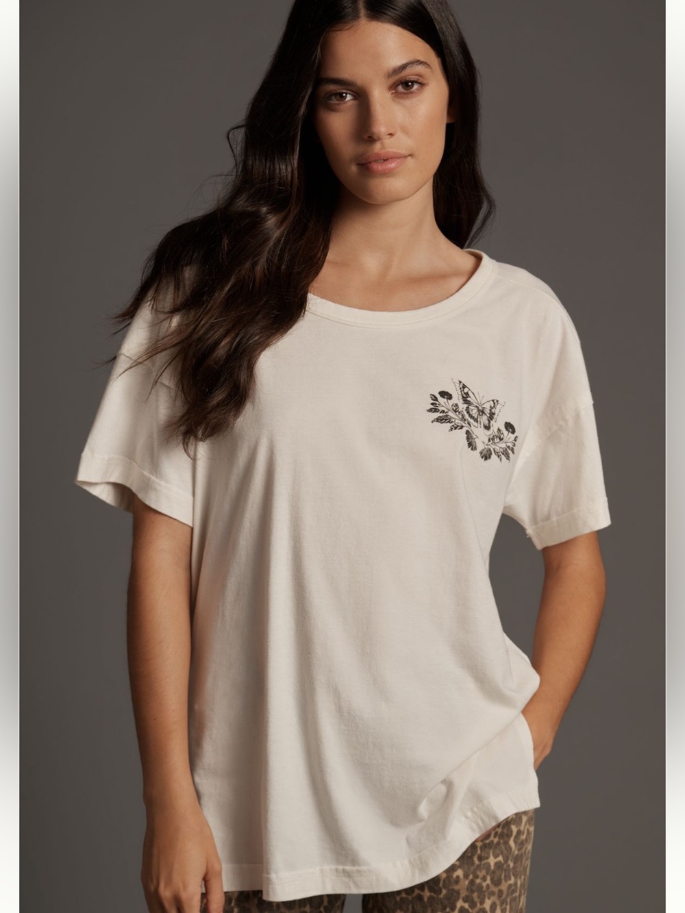 Anthropologie Cream Tee with Black Floral Chest Motif